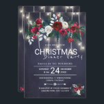 Rustic Lights Winter Floral Christmas Dinner Party Invitation<br><div class="desc">Traditional rustic elegant winter floral Christmas dinner party invitation template on dark midnight navy blue chalkboard background featuring red burgundy and white peony roses bouquets with seasonal pine green fir branches, red berries and foliage and strings of twinkle lights. The invitation is suitable for winter chic rustic floral country /...</div>