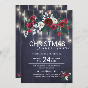 Rustic Lights Winter Floral Christmas Dinner Party Invitation
