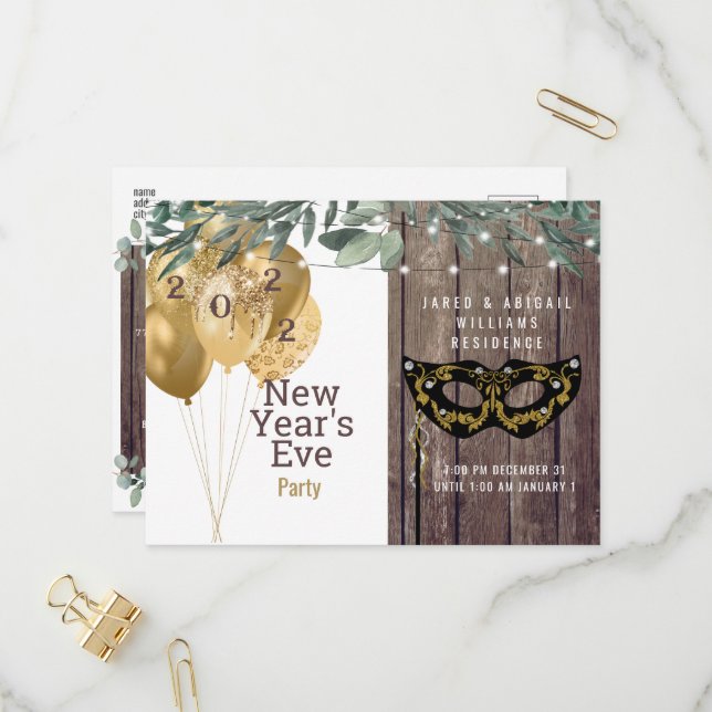 Rustic Lights & Wood New Year's Party Invitation Postcard (Front/Back In Situ)