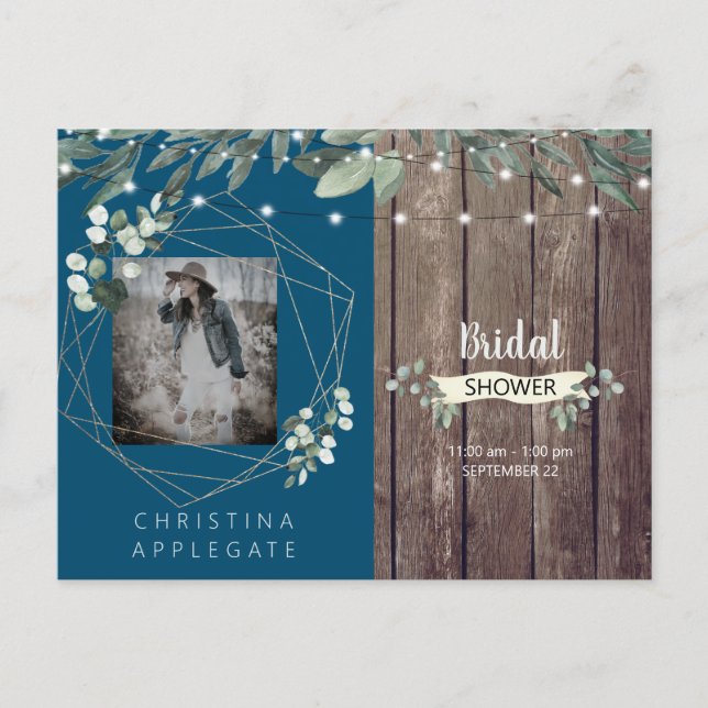 Rustic Lights & Wood Photo Blue Bridal Shower Invitation Postcard (Front)