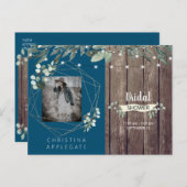 Rustic Lights & Wood Photo Blue Bridal Shower Invitation Postcard (Front/Back)