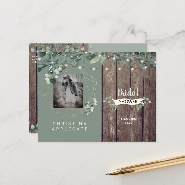 Rustic Lights & Wood Photo Sage Bridal Shower Postcard (Front/Back In Situ)