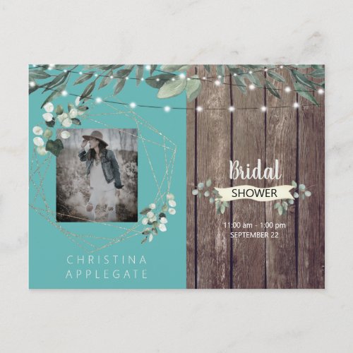 Rustic Lights  Wood Photo Turquoise Bridal Shower Invitation Postcard