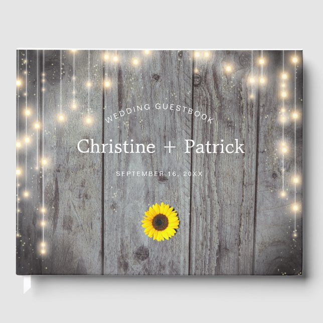 Rustic Lights Wood Sunflower Wedding Guest Book (Front)