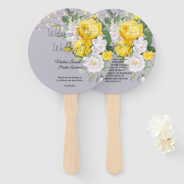 Rustic lights Yellow Floral Wedding Hand Fan (Front and Back)