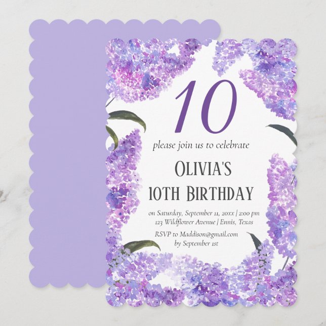 Rustic Lilac 10th Birthday Wildflower Birthday  Invitation (Front/Back)