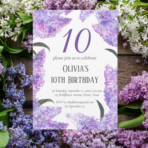 Rustic Lilac 10th Birthday Wildflower Birthday  Invitation