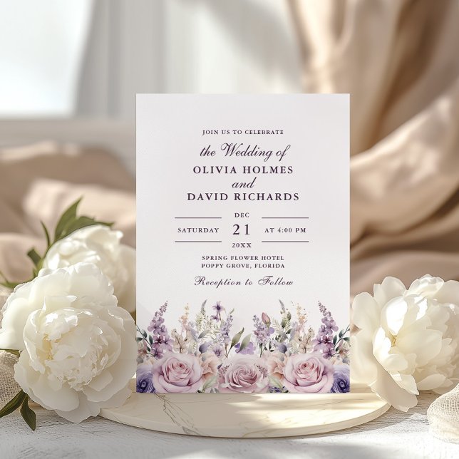 Rustic Lilac and Mauve Floral Wedding Invitation (Rustic Lilac and Mauve Floral Wedding Invitation on a boho table with white peonies.)