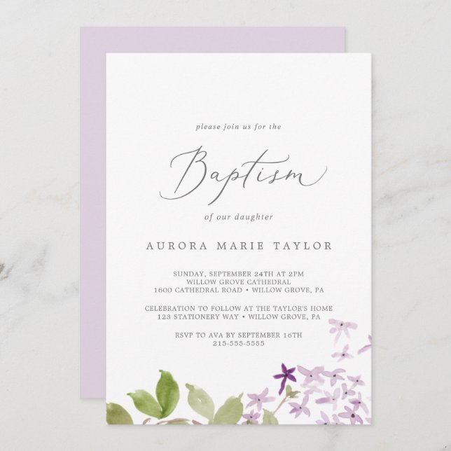Rustic Lilac Baptism Invitation (Front/Back)