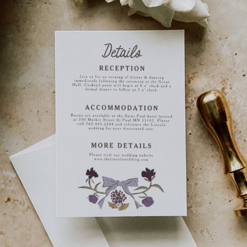 Rustic Lilac Bows and Blossoms Wedding Details Enclosure Card