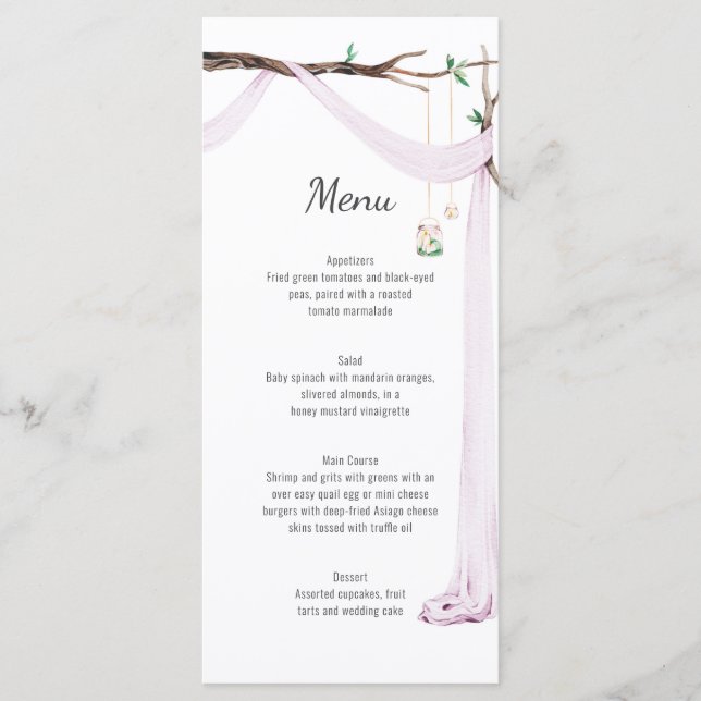 Rustic Lilac Drape Tree Branch Wedding Menu (Front)