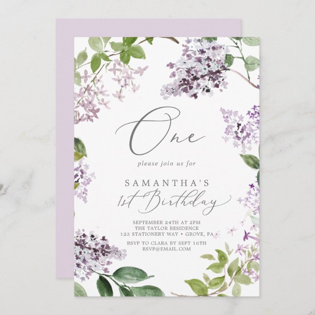 Rustic Lilac First Birthday Party Invitation (Front/Back)