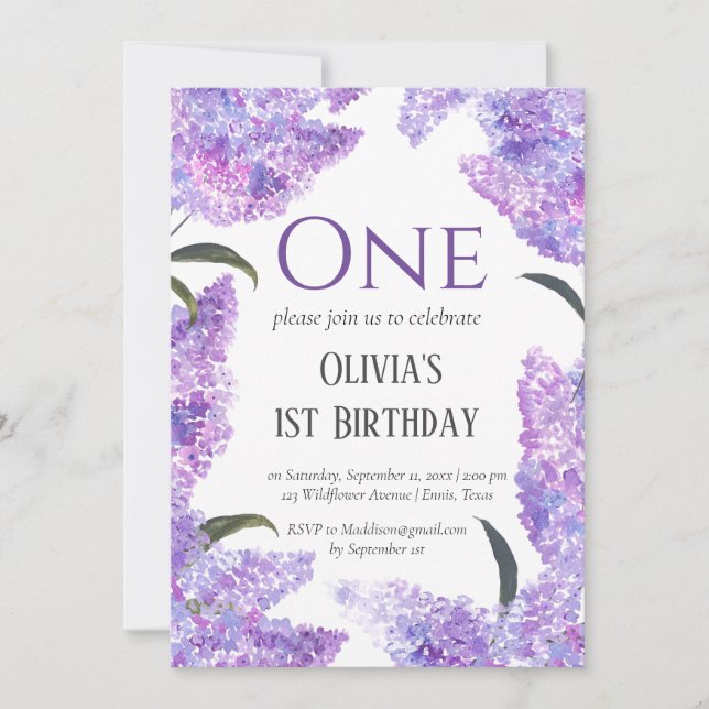 Rustic Lilac First Birthday Wildflower Birthday  Invitation (Front)