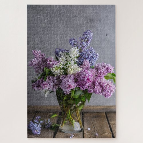 Rustic Lilac Floral Bouquet In Glass Vase Jigsaw Puzzle