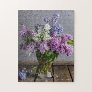 Rustic Lilac Floral Bouquet In Glass Vase Jigsaw Puzzle