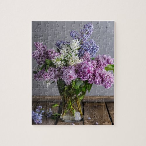 Rustic Lilac Floral Bouquet In Glass Vase Jigsaw Puzzle