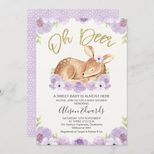Rustic Lilac Floral Deer Baby Shower Invitation
