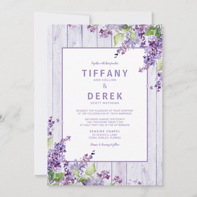 Rustic Lilac Floral Watercolor Purple Wedding Invitation (Front)