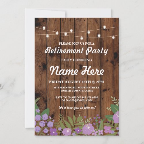 Rustic Lilac Flower Wood Vintage Retirement Party Invitation