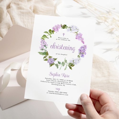Rustic Lilac Flowers Christening Invitation