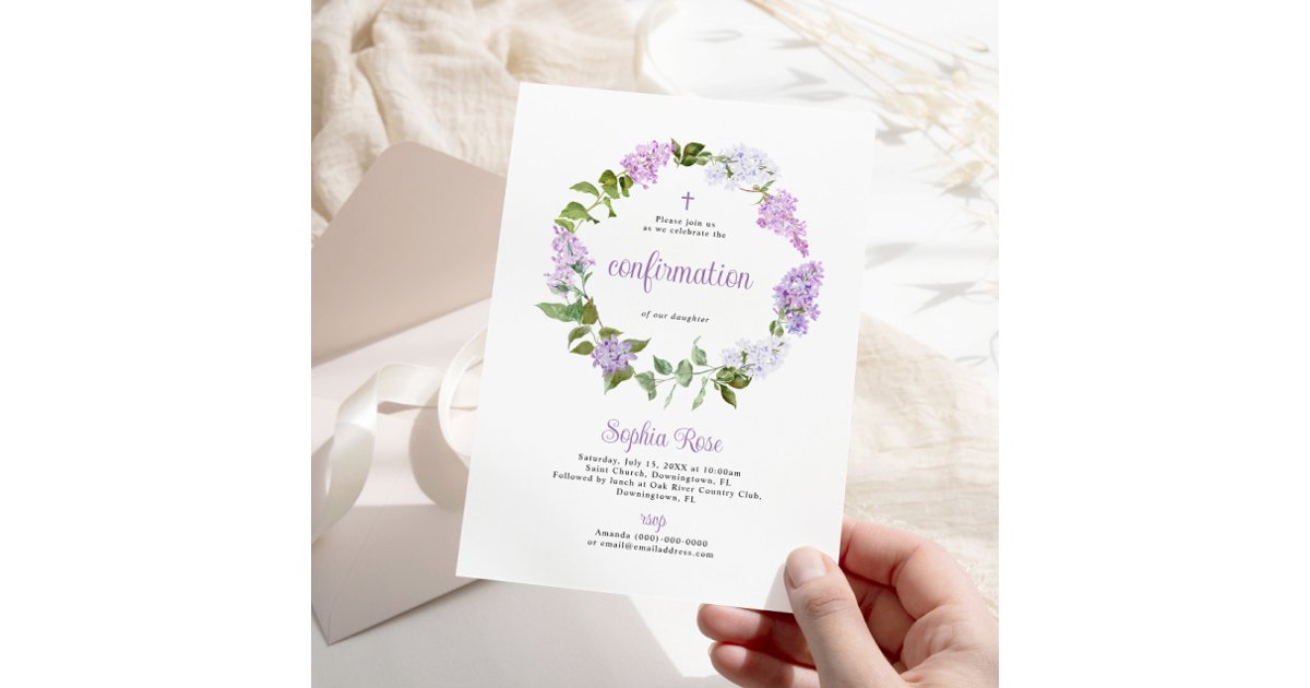 Rustic Lilac Flowers Confirmation Invitation | Zazzle