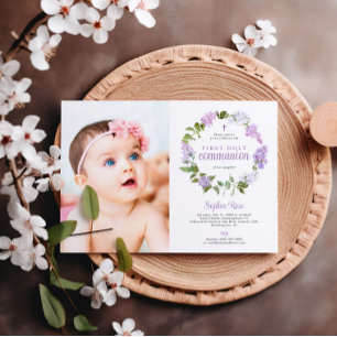 Rustic Lilac Flowers Photo First Holy Communion Invitation