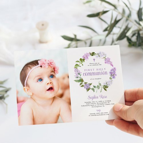 Rustic Lilac Flowers Photo First Holy Communion Invitation