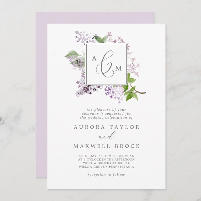 Rustic Lilac Formal Monogram Wedding Invitation (Front/Back)