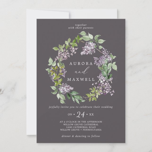Rustic Lilac | Gray Wreath Wedding Invitation (Front)