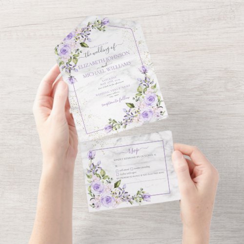 Rustic Lilac Lavender Gold Marble Floral Wedding A All In One Invitation