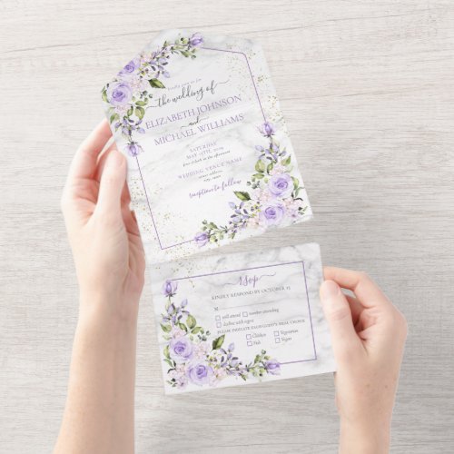 Rustic Lilac Lavender Gold Marble Floral Wedding All In One Invitation