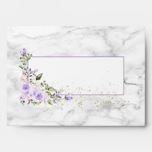 Rustic Lilac Lavender Gold Marble Floral Wedding Envelope - Create the perfect wedding invitation set with this pretty, elegant envelope design, featuring lilac lavender purple color watercolor roses and flowers and faux gold dust, on the flap and on the front, with a faux Carrera marble background, both inside and out! To finish it off, a lavender border around the address box. Part of an invitation suite. Copyright Elegant Invites, all rights reserved.