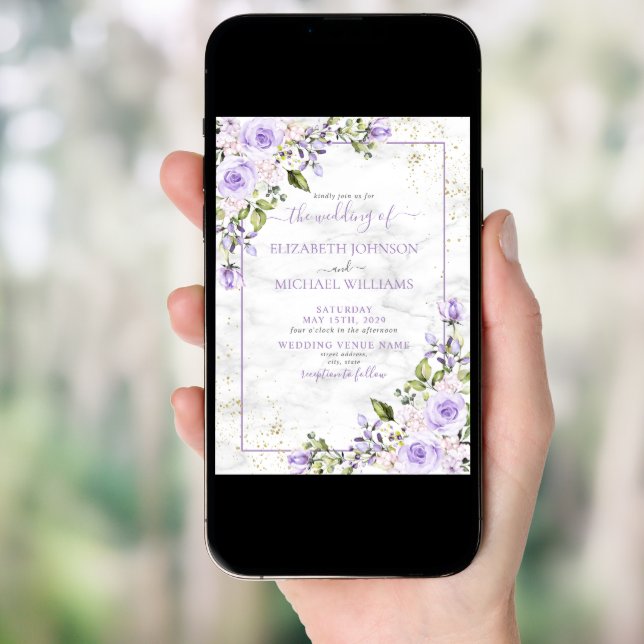 Rustic Lilac Lavender Gold Marble Floral Wedding Invitation (Front Digital)