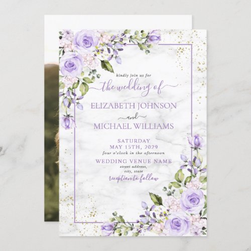 Rustic Lilac Lavender Gold Marble Photo Wedding Invitation - Create the perfect wedding invitation with this trendy lilac lavender eucalyptus botanical and faux gold greenery watercolor design, featuring a faux Carrera marble background, hand lettered script typography and faux gold dust. The back of the invitation features your favorite engagement photo. Contact designer for matching products. Thank you sooo much for supporting our small business, we really appreciate it! 
We are so happy you love this design as much as we do, and would love to invite
you to be part of our new private Facebook group Wedding Planning Tips for Busy Brides. 
Join to receive the latest on sales, new releases and more! 
https://www.facebook.com/groups/622298402544171  
Copyright Anastasia Surridge for Elegant Invites, all rights reserved.