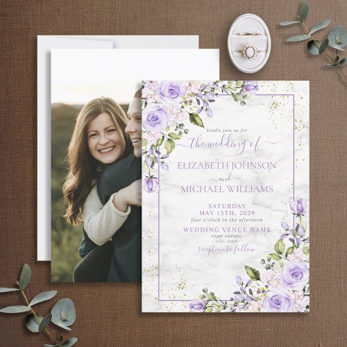Rustic Lilac Lavender Gold Marble Photo Wedding Invitation