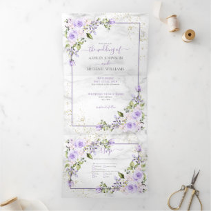 Rustic Lilac Lavender Gold Marble Photo Wedding Tri-Fold Invitation
