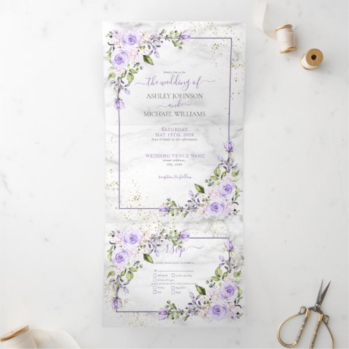 Rustic Lilac Lavender Gold Marble Photo Wedding Tri_Fold Invitation