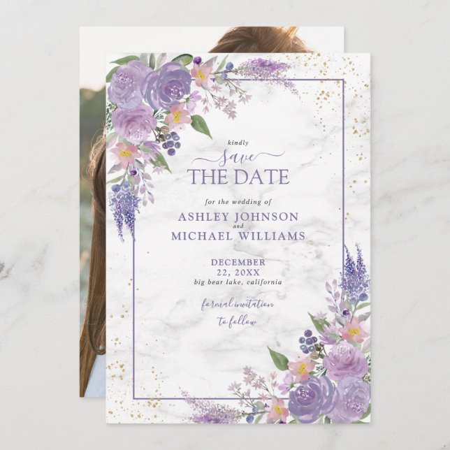 Rustic Lilac Lavender Gold Photo Save the Date (Front/Back)