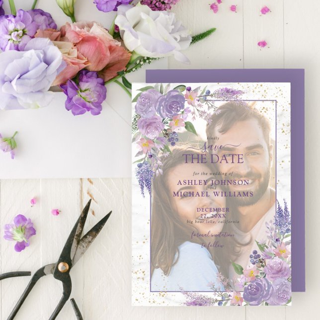Rustic Lilac Lavender Gold Photo Save the Date (Creator Uploaded)