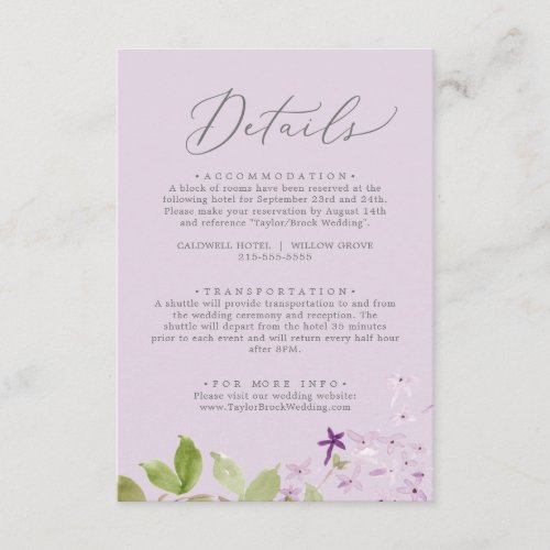 Rustic Lilac  Lavender Wedding Details Enclosure Card