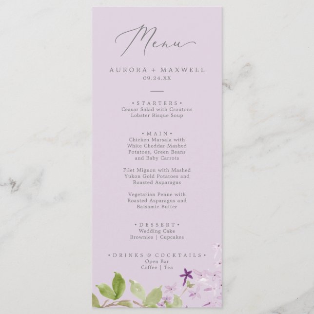 Rustic Lilac | Lavender Wedding Dinner Menu (Front)
