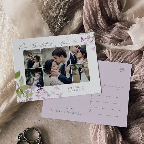 Rustic Lilac Multi Photo Wedding Gratitud y Amor Postcard