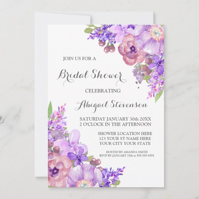 Rustic Lilac Purple Flowers Bridal Shower Invitation (Back)