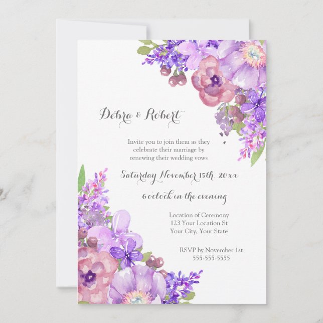 Rustic Lilac Purple Flowers Vow Renewal Invitation (Back)