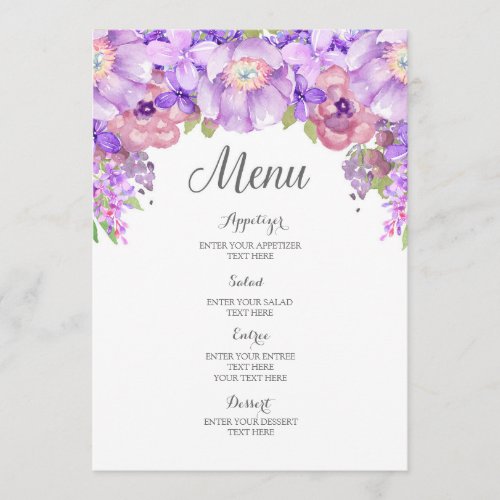 Rustic Lilac Purple Watercolor Floral Wedding Menu