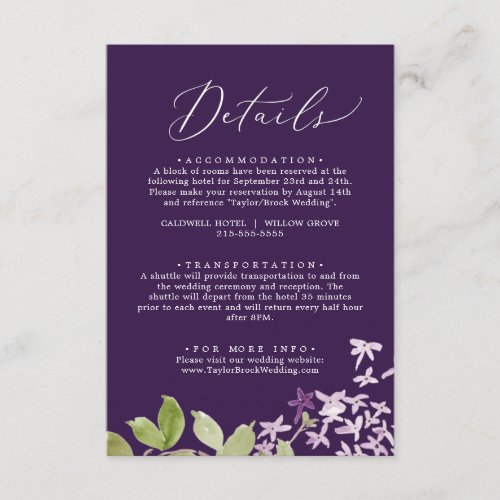 Rustic Lilac  Purple Wedding Details Enclosure Card
