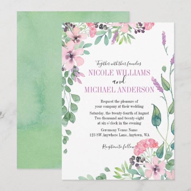 RUSTIC Lilac watercolor peony Foliage WEDDING Invitation (Front/Back)