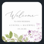 Rustic Lilac Wedding Welcome Square Sticker<br><div class="desc">These rustic lilac wedding welcome stickers are perfect for a spring or summer wedding. The romantic and elegant floral design features watercolor purple lilac wildflowers with a boho country garden feel. Personalize these stickers with the location of your wedding, names, and wedding date. These labels are perfect for destination weddings...</div>