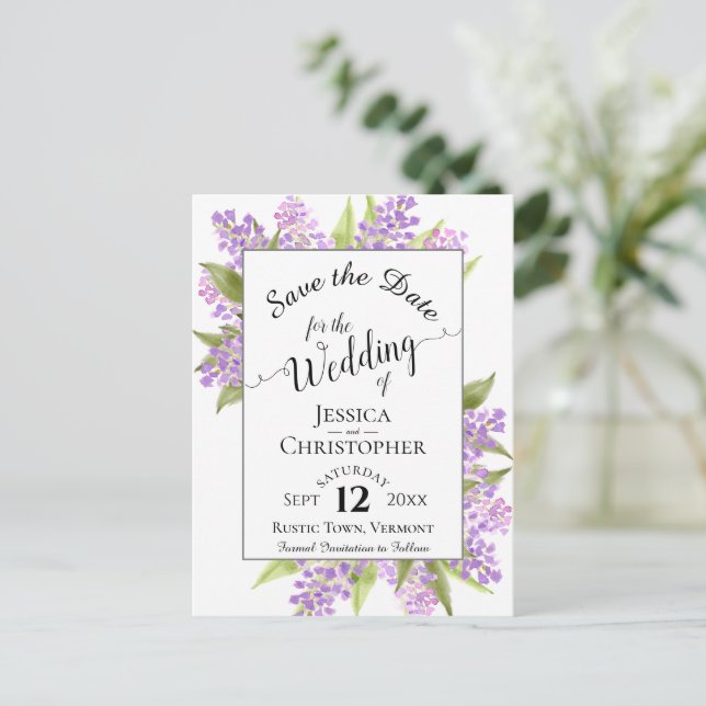 Rustic Lilacs & Calligraphy Wedding Save the Date Announcement Postcard (Standing Front)