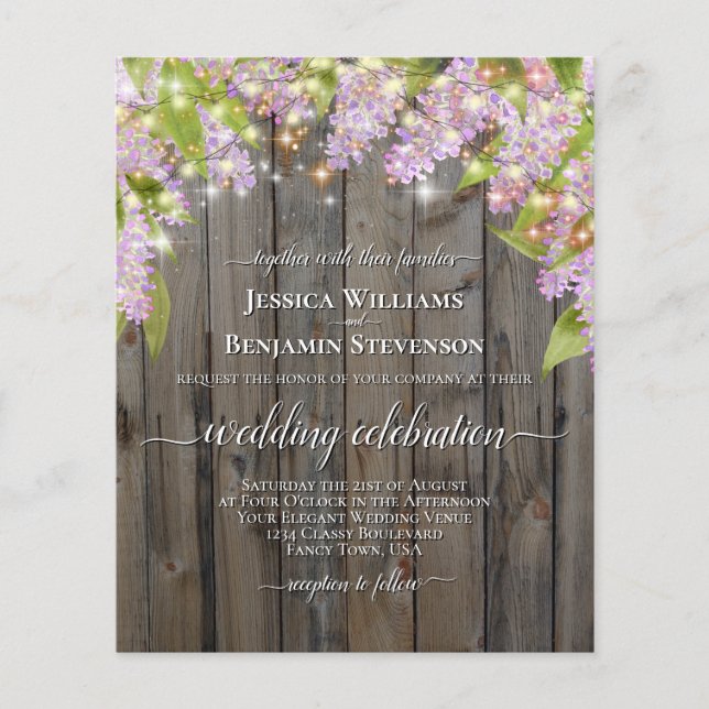 Rustic Lilacs & Lights BUDGET Wedding Invitation (Front)